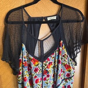 Floral Midi Dress with Sheer Black Overlay